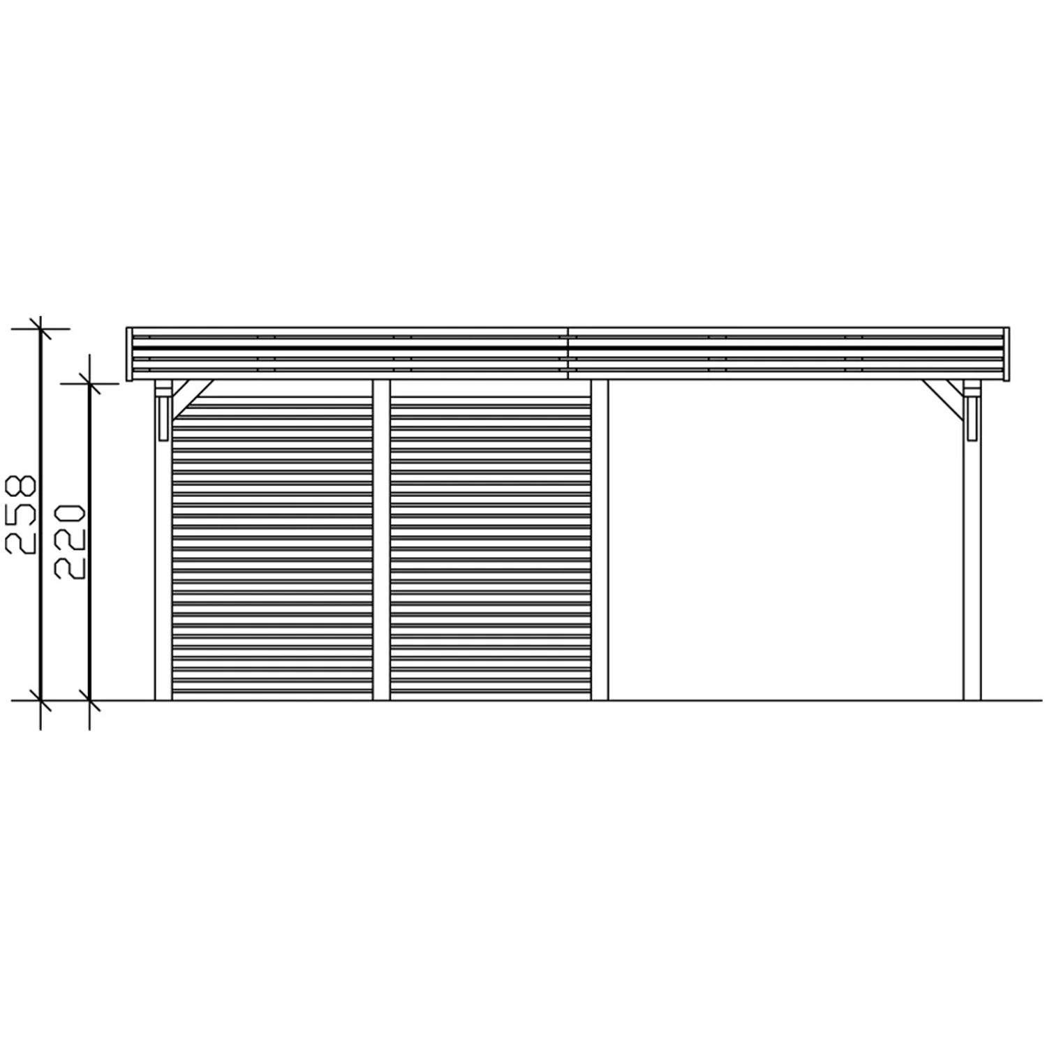 Technische Zeichnung: Skan Holz Carport Spessart mit Abstellraum, Maße und Details.
