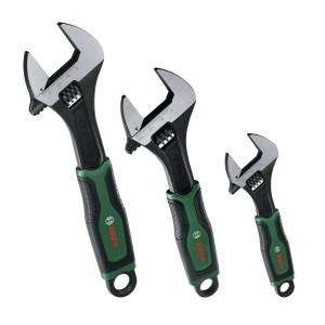 Bosch Rollgabelschlüssel-Set, 3-teilig, verschiedene Größen mit grün-schwarzem Griff.