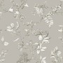 Laura Ashley Vliestapete Elderwood Steel mit Blüten und Vögeln auf stahlgrauem Grund.