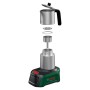 Bosch Akku-Espressokocher EasyMoka 18V-2 Inox, zerlegt. Silberne Kanne, Filter und grüner Akku-Sockel.