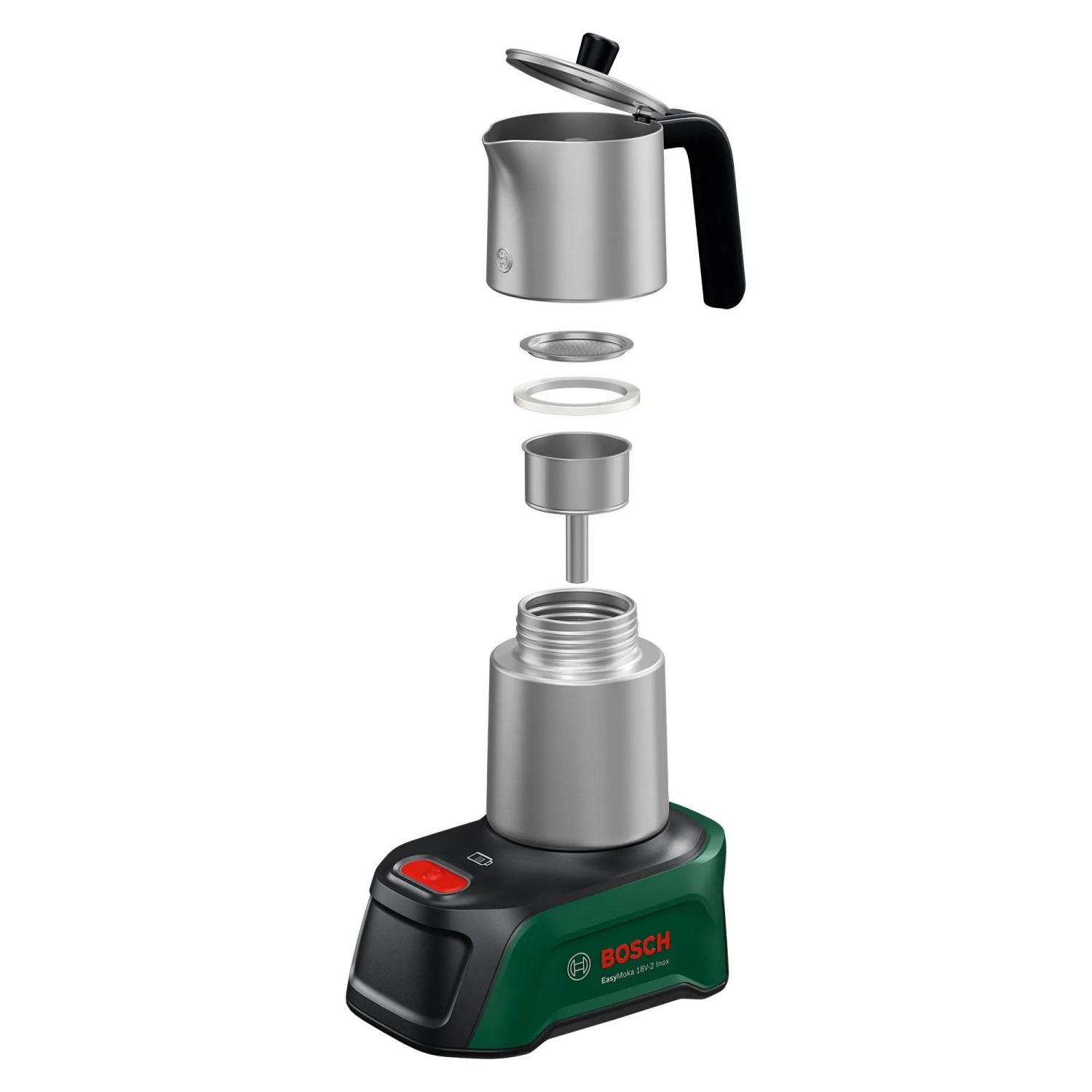 Bosch Akku-Espressokocher EasyMoka 18V-2 Inox, zerlegt. Silberne Kanne, Filter und grüner Akku-Sockel.