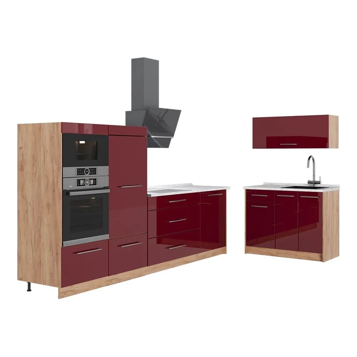 Vicco Küchenzeile Fame-Line Bordeaux Hochglanz/Goldkraft Eiche 380 x 154 AP Marmor Art Nr 64106