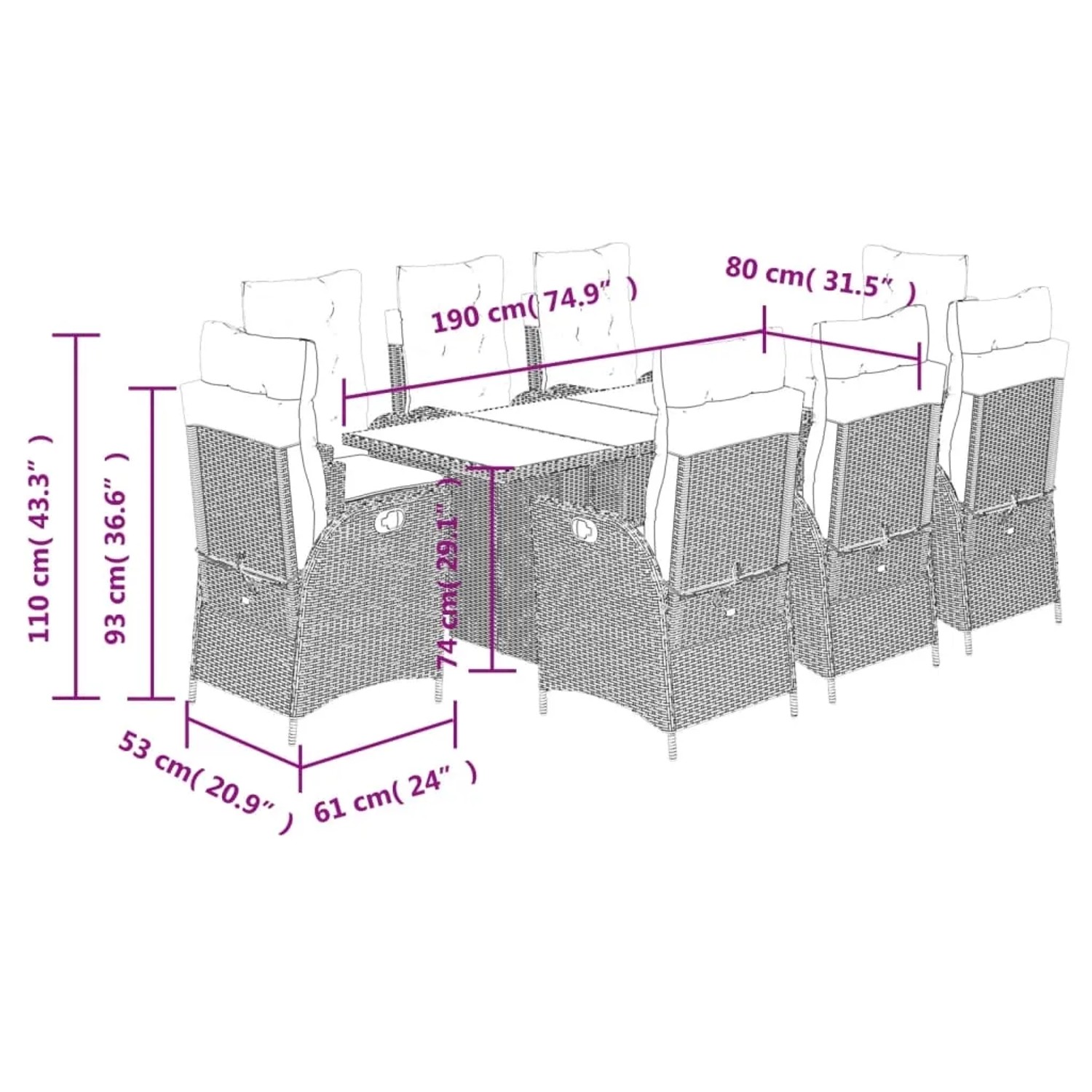 Beige 9-teilige Garten Essgruppe aus Polyrattan mit Tisch und Stühlen mit Kissen.