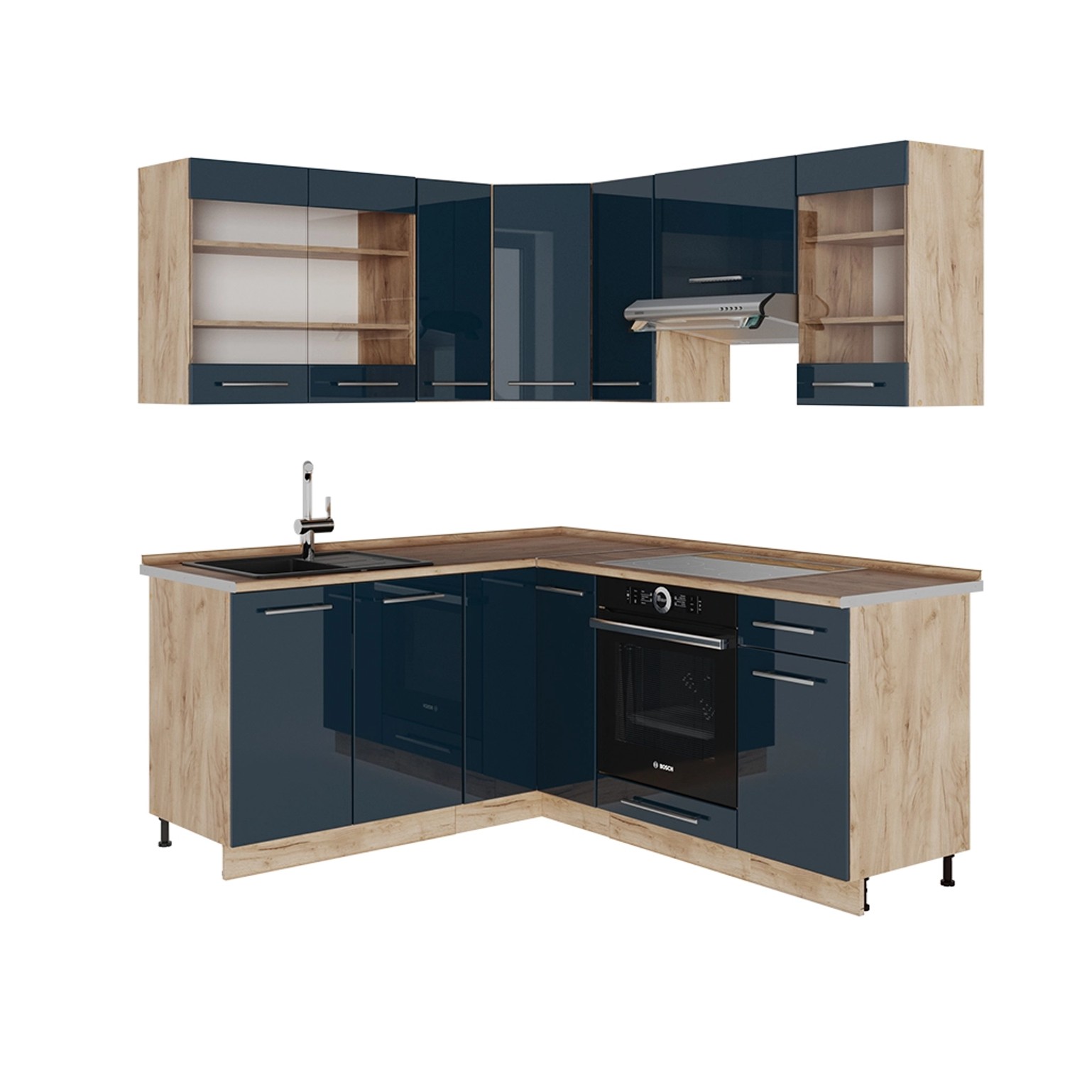 Vicco Fame-Line Küchenschränke Dunkelblau Hochglanz/Goldkraft Eiche 160 x 6 günstig online kaufen