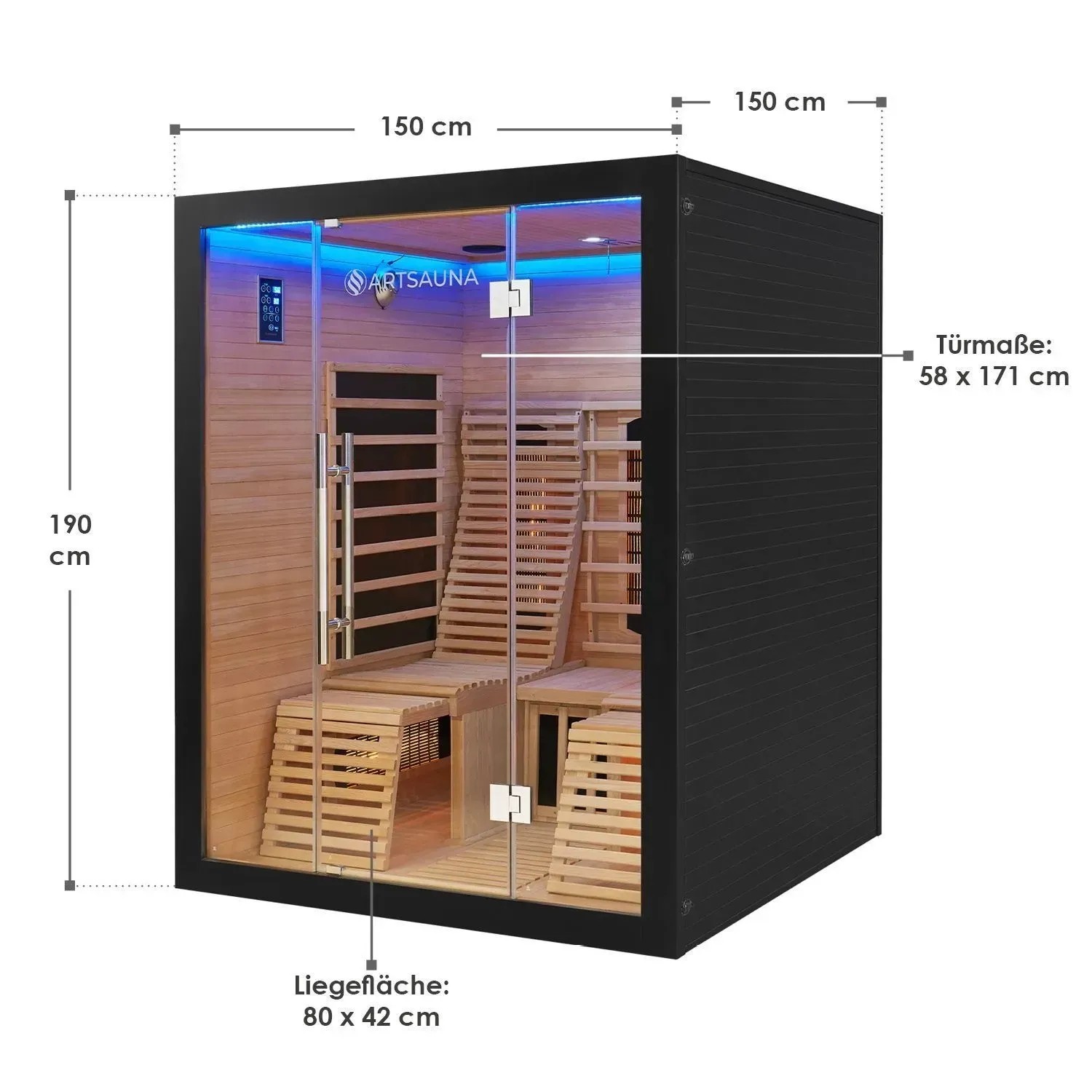 Artsauna Infrarotkabine Helsinki 150, schwarze Ausführung mit Liegen und Glasfront.