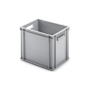 Graue PROREGAL Eurobox mit offenem Griff, 29 Liter, ideal zur Aufbewahrung und zum Transport.