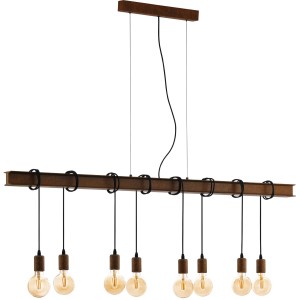 8-flammige Eglo Hängeleuchte Townshend 4 im Vintage Design mit braunem Metallbalken und E27 Fassungen.