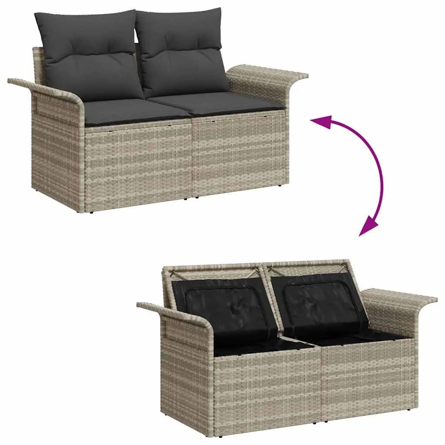 Hellgraues 6-tlg. vidaXL Garten-Sofa-Set aus Polyrattan mit Kissen, modulare Bauweise.