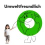 Kind zeigt auf grüne Erdkugel-Zeichnung mit dem Text "Umweltfreundlich".