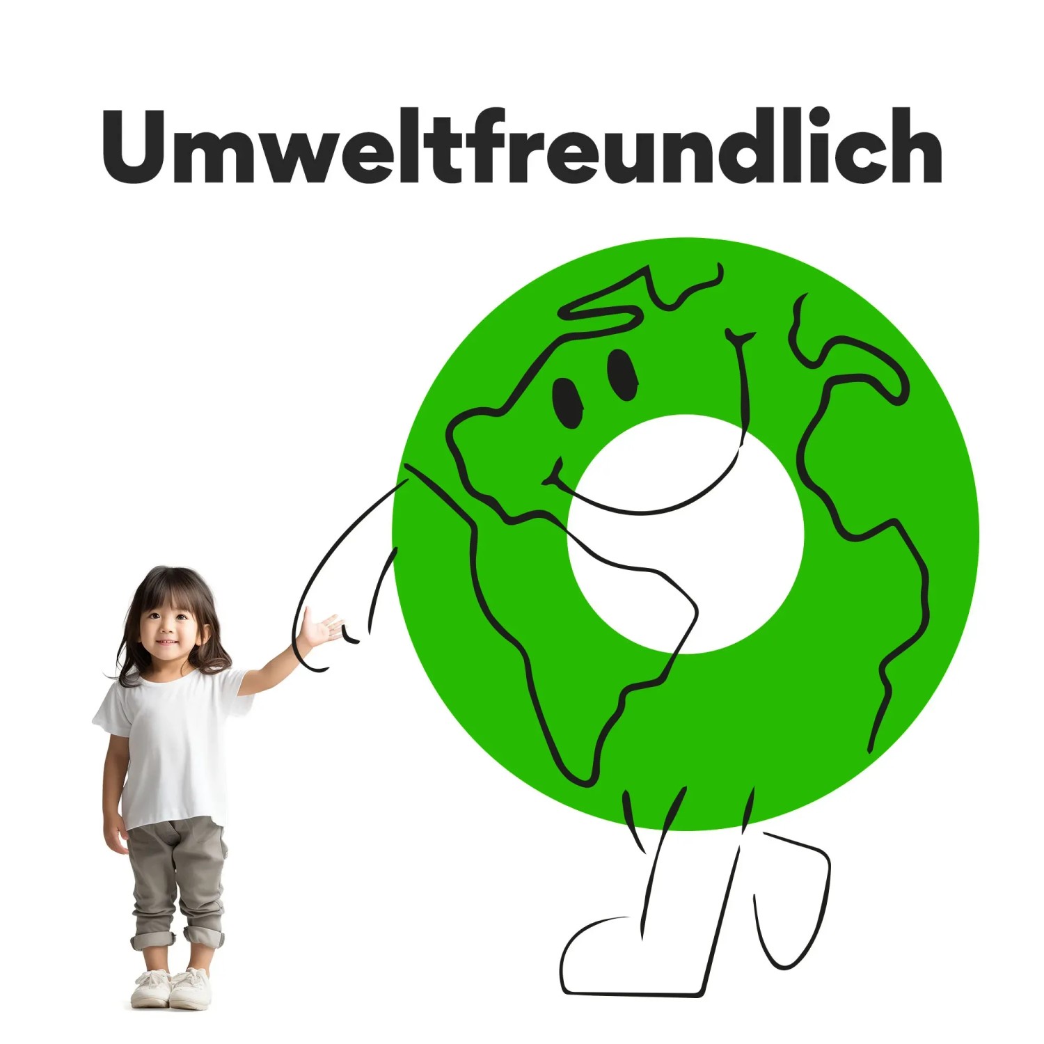 Kind zeigt auf grüne Erdkugel-Zeichnung mit dem Text "Umweltfreundlich".