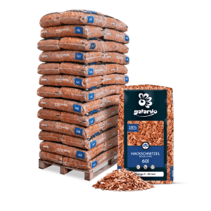 Galamio Holzhackschnitzel Orange, 39 Säcke auf Palette. Mulch für Garten, 60l. Orangefarbene Holzchips.