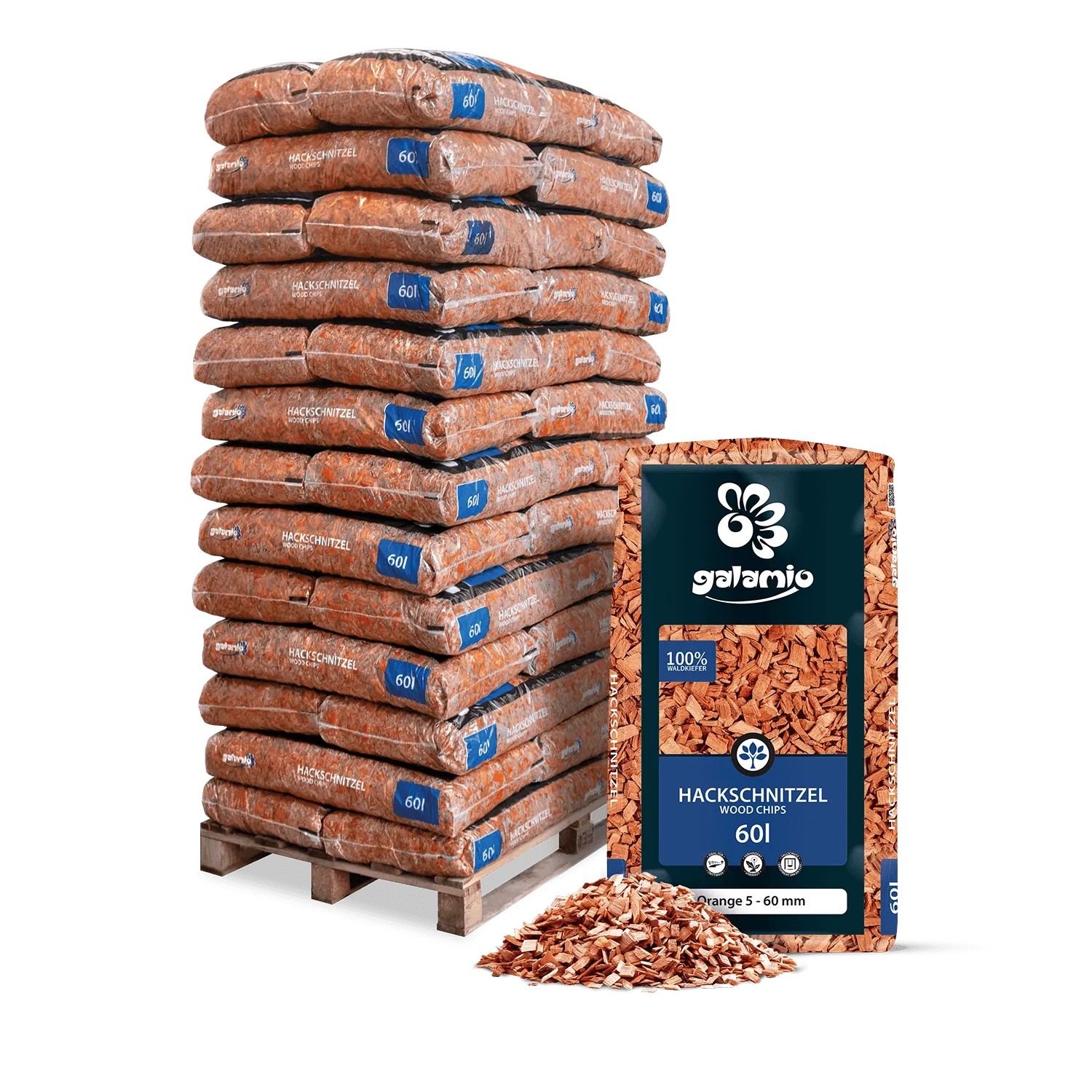 Galamio Holzhackschnitzel Orange, 39 Säcke auf Palette. Mulch für Garten, 60l. Orangefarbene Holzchips.