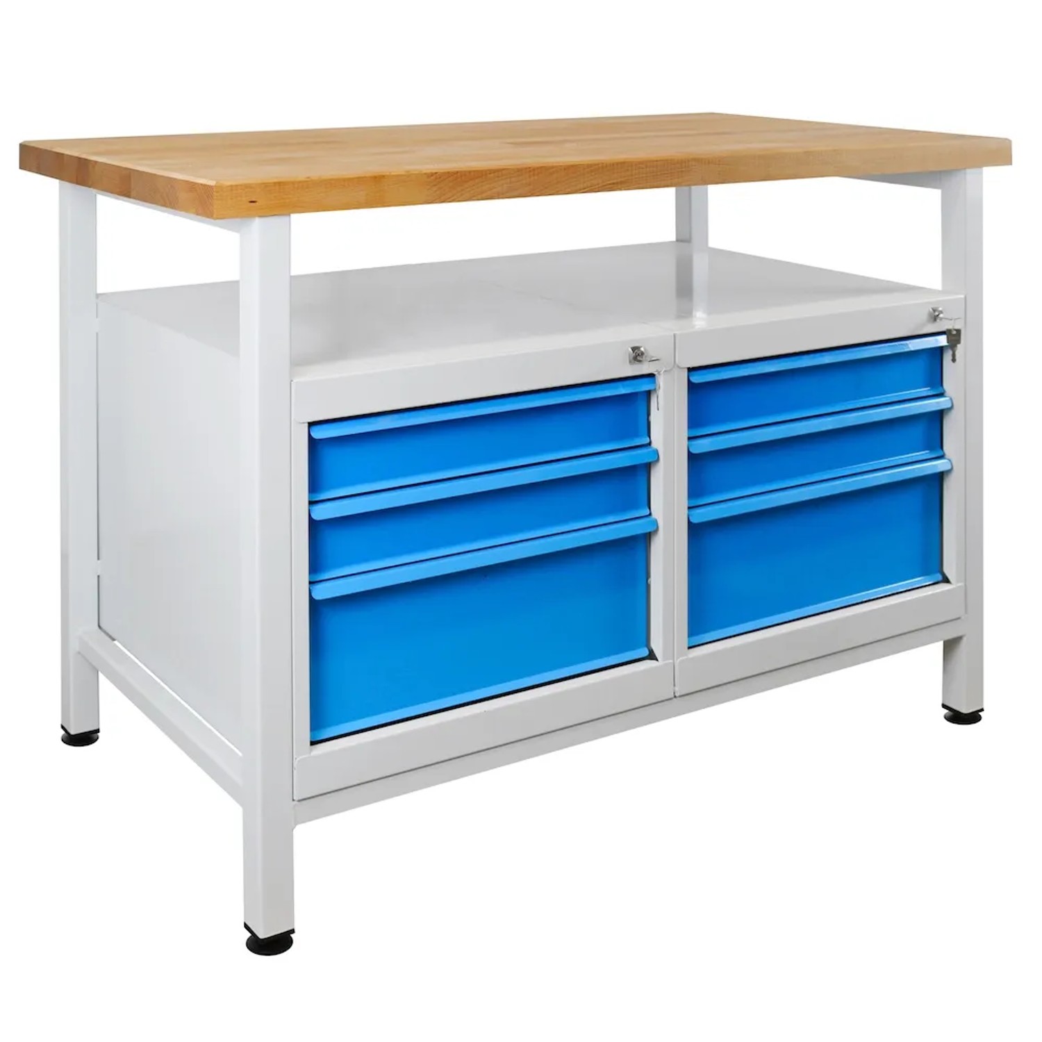 PROREGAL Werkbank Rhino mit Holzplatte, 6 Schubladen in Lichtblau und Gestell in Lichtgrau.