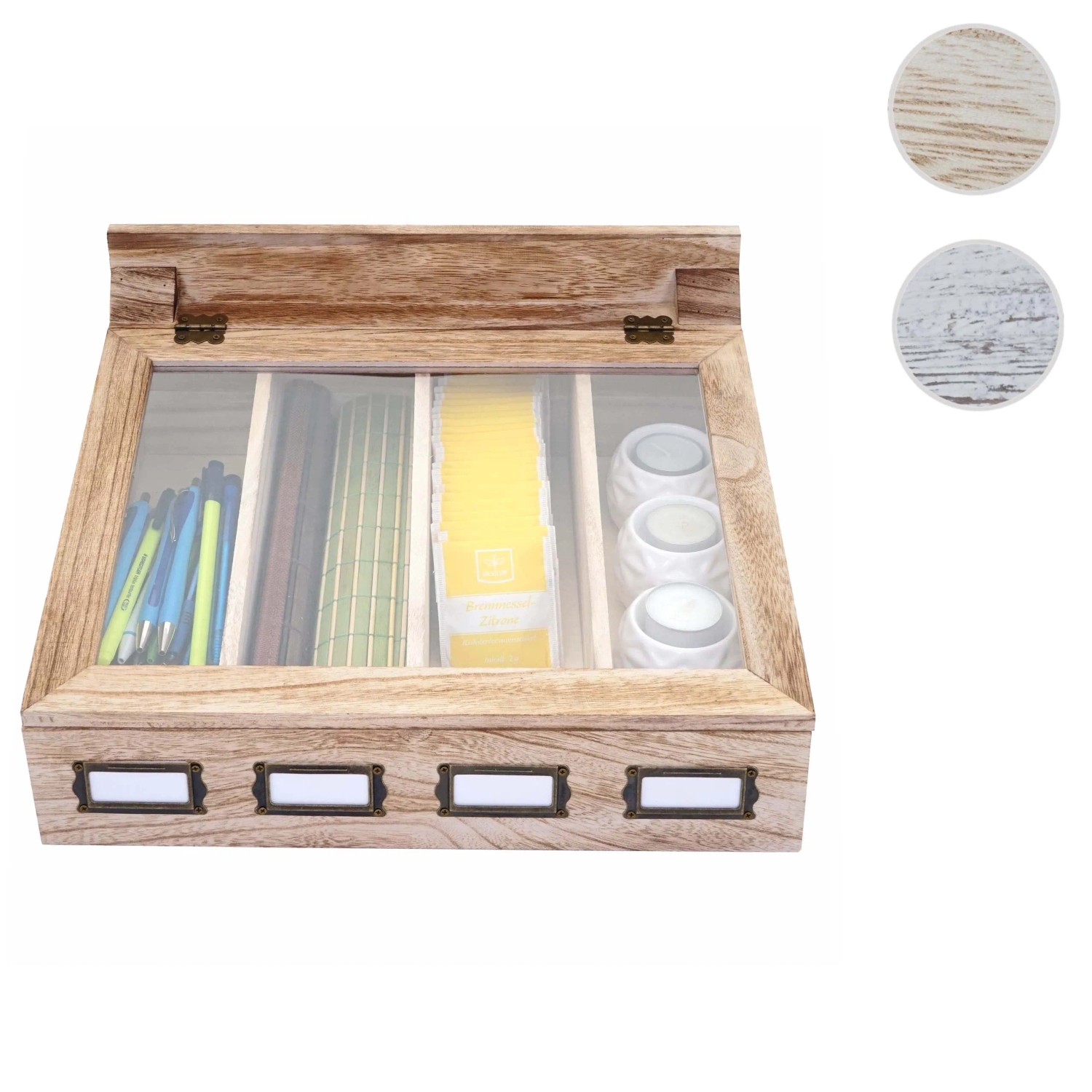 MCW Aufbewahrungsbox C25 naturbraun mit 4 Fächern, Sichtfenster und Etikettenhalter.