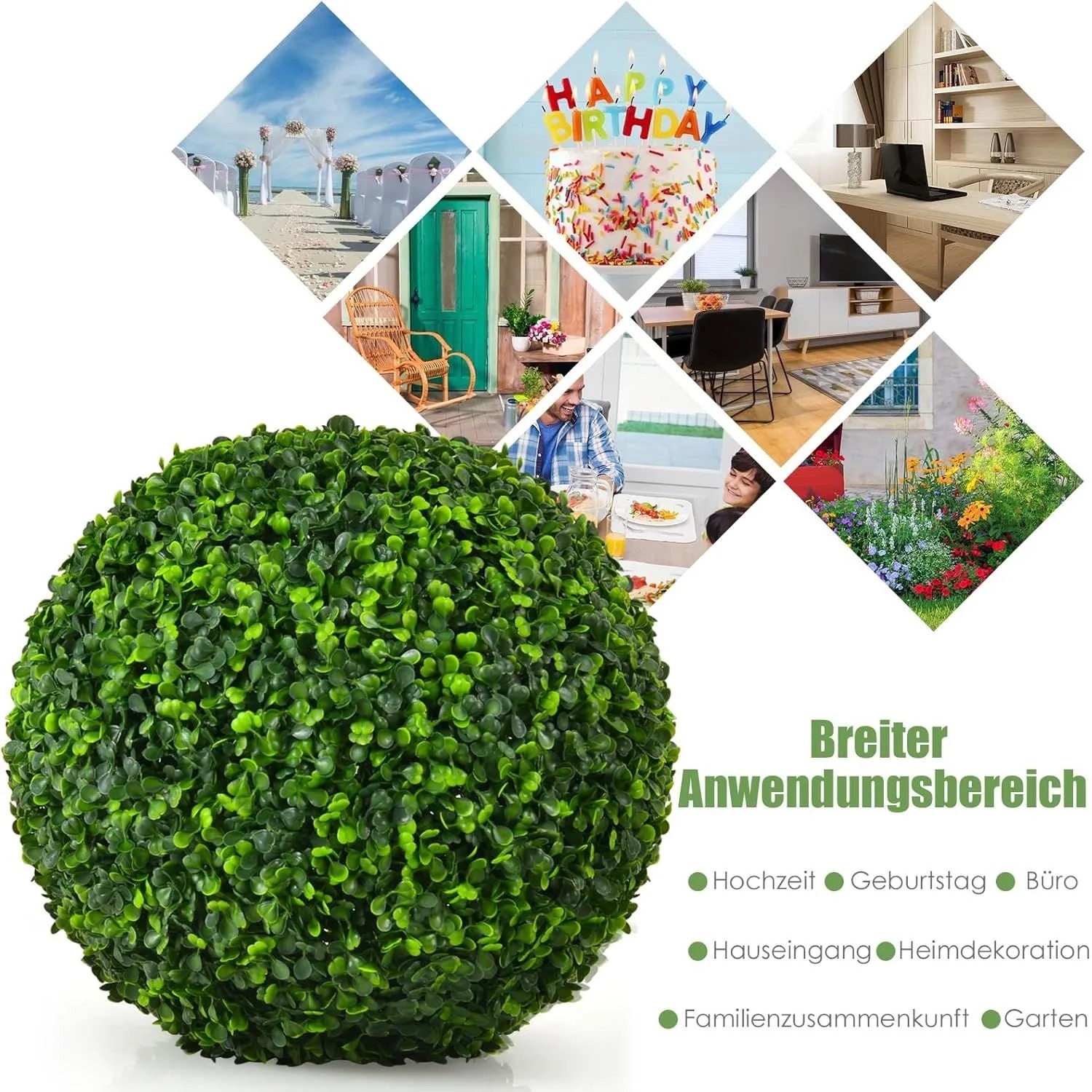 Dunkelgrüne künstliche Buchsbaumkugel (40 cm) mit Collage von Anwendungsbeispielen für Haus, Garten, Hochzeit.