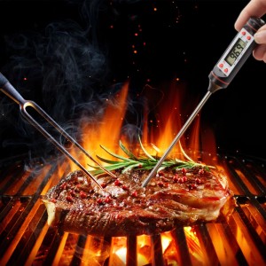 Digitales Küchenthermometer aus Edelstahl misst Temperatur von Steak auf Grill.
