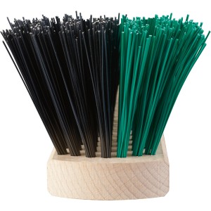 Gartenbesen mit schwarzen und grünen Elaston-Borsten und Holzstiel-Aufnahme.