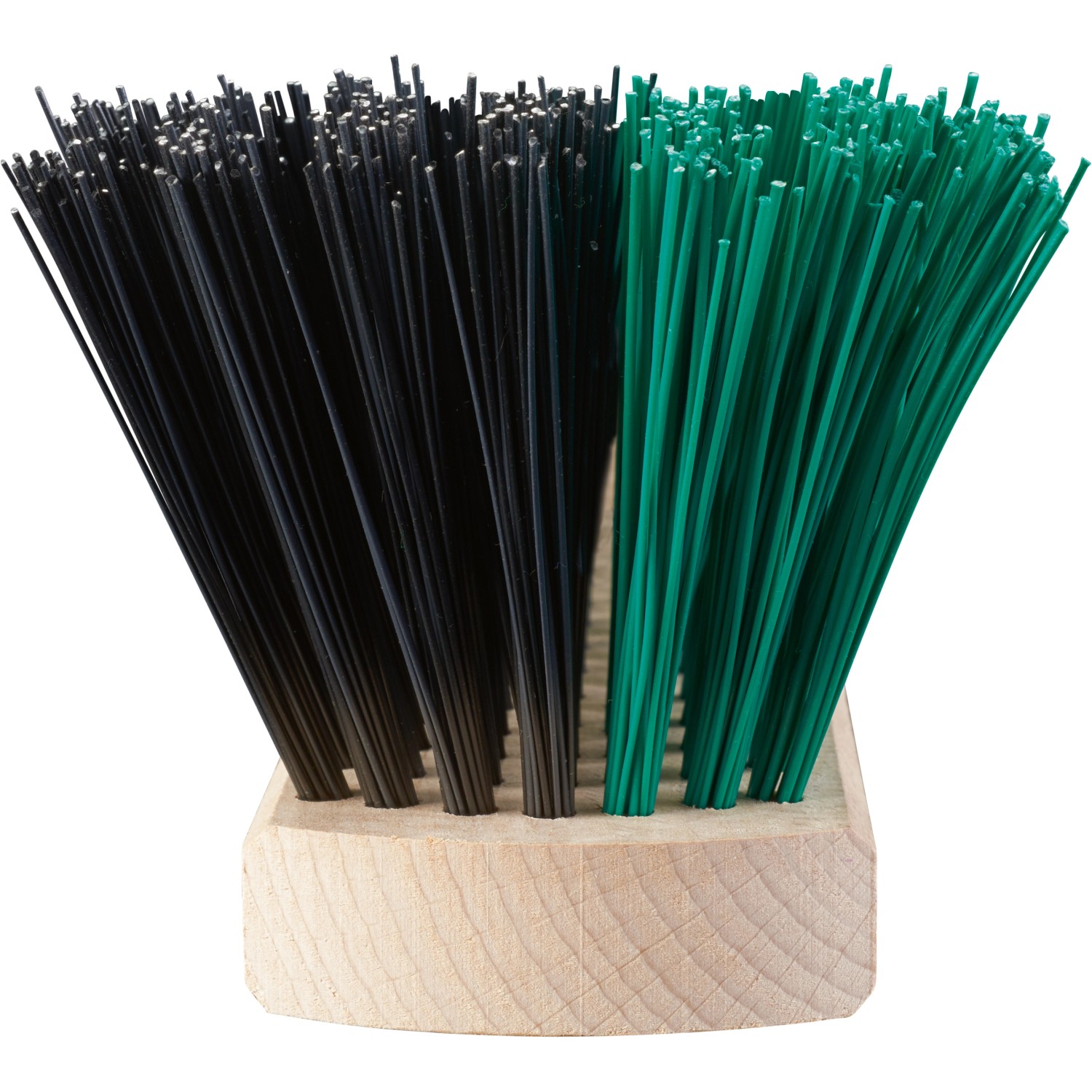 Gartenbesen mit schwarzen und grünen Elaston-Borsten und Holzstiel-Aufnahme.