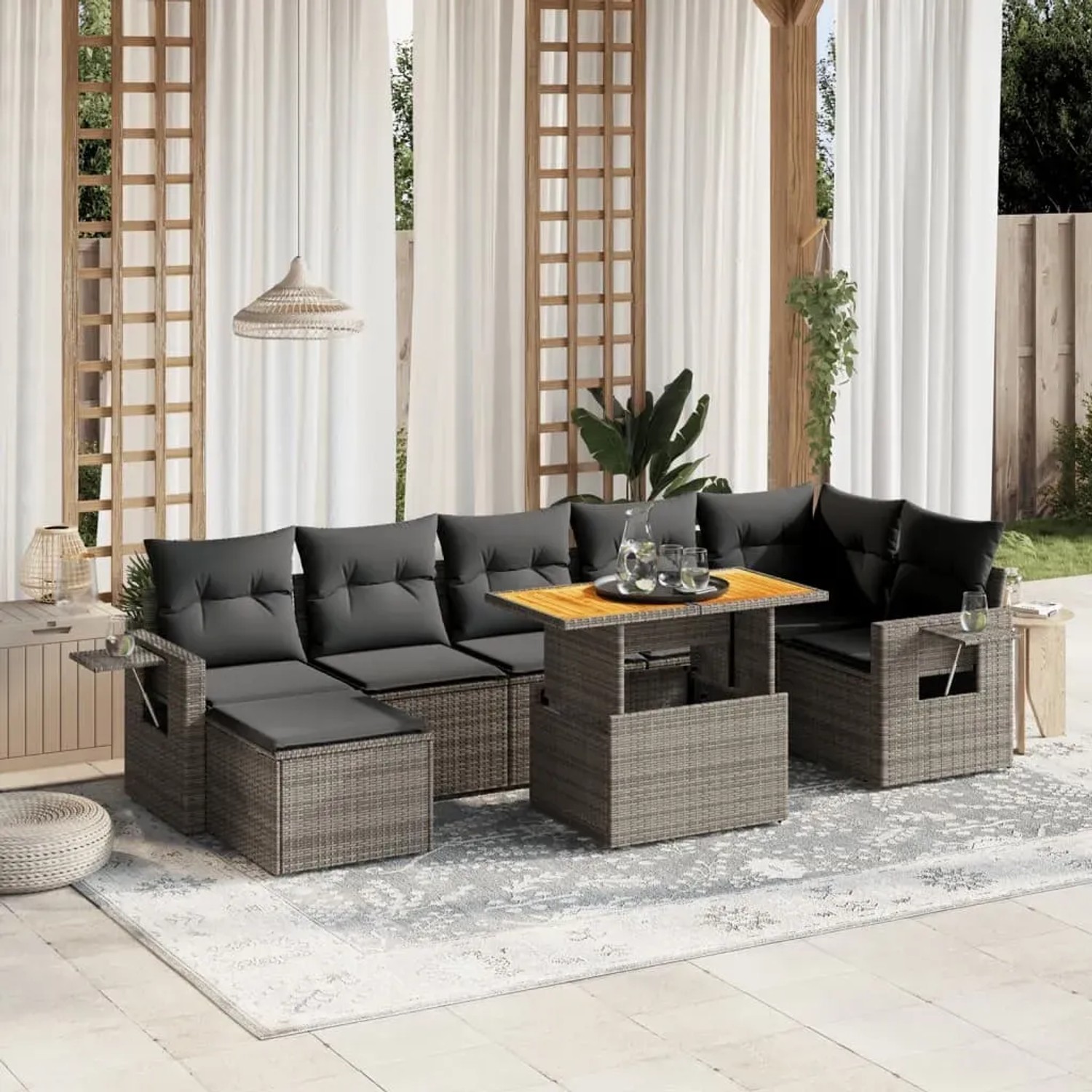 Graue 8-tlg. vidaXL Garten-Sofagarnitur aus Rattan mit Kissen und höhenverstellbarem Tisch.