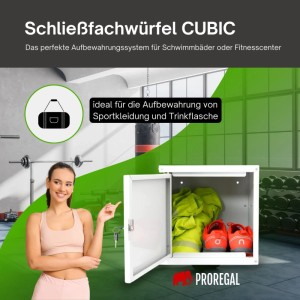 PROREGAL Schließfachwürfel Cubic offen mit Sportkleidung, Frau zeigt auf Schrank im Fitnessstudio.