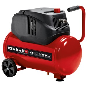 Einhell Kompressor TC-AC 200/24/8 Ölfrei, roter Druckluftkompressor mit 24 l Tank und schwarzem Motor.