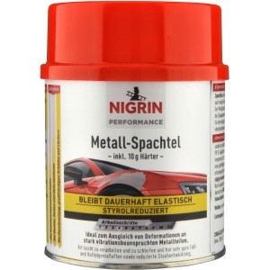 Nigrin Performance Metall-Spachtel 500g im roten Behälter. Ideal für Karosseriereparatur.