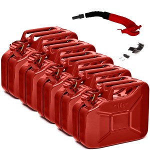 5 rote BW Kraftstoffkanister aus Metall, je 10 Liter, mit Ausgießer. Pannenhilfe für Auto & Motorrad.