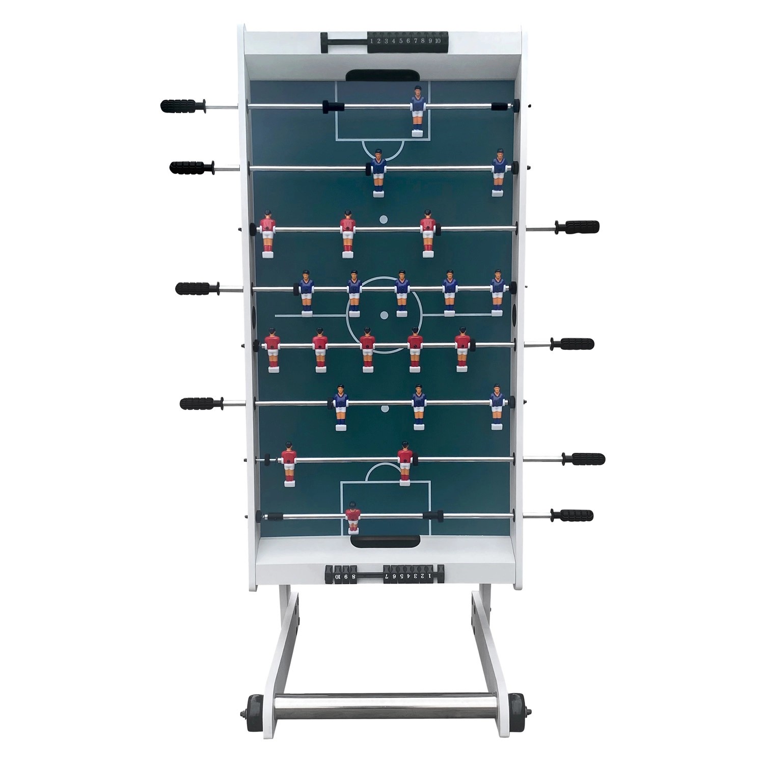 Weißer, faltbarer Cougar Tischkicker Scorpion Kick TS mit Spielfiguren in Rot und Blau.