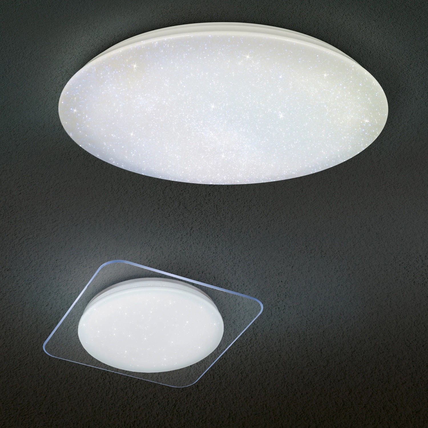 Zwei Trio LED-Deckenleuchten Nagano mit Sternenhimmel-Effekt, weiß, verschiedene Formen.