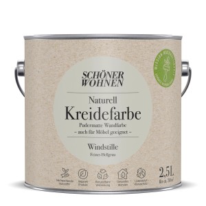 Schöner Wohnen Kreidefarbe Naturell Windstille, 2,5 l Dose, pudermatte Wandfarbe in hellem Grau.