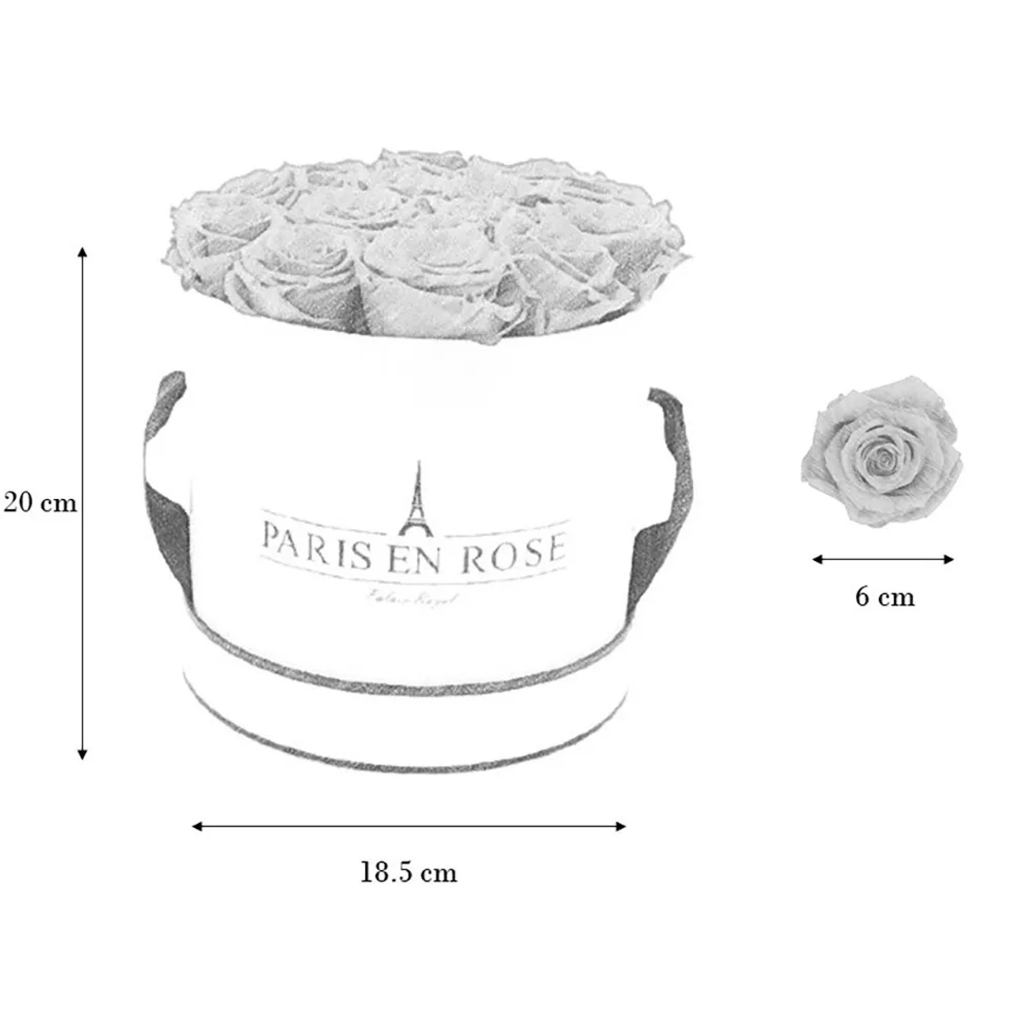 Rosenbox (Ø 19cm) in Weiß-Schwarz mit 14 rosa Rosen. Elegantes Blumenarrangement für jeden Anlass.