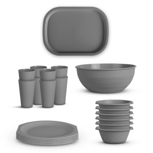 Graues 22-teiliges ProHome Kunststoff Geschirrset für 6 Personen, BPA-frei, inklusive Teller, Schüsseln, Becher und Tablett.