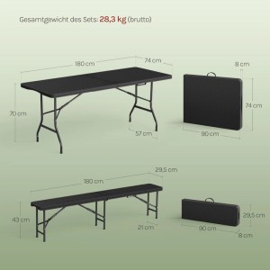 Schwarze WOLTU Bierzeltgarnitur: Klapptisch und 2 Bierbänke mit Tragegriffen. Maße des Sets ausgeklappt und gefaltet.