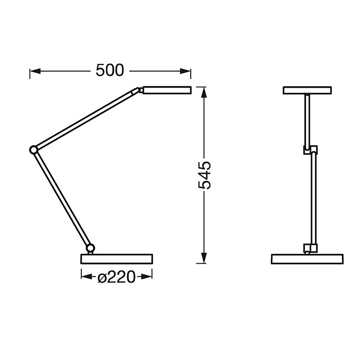 Technische Zeichnung der weißen Ledvance Sun@Home Smart+ Tischlampe mit Maßen.
