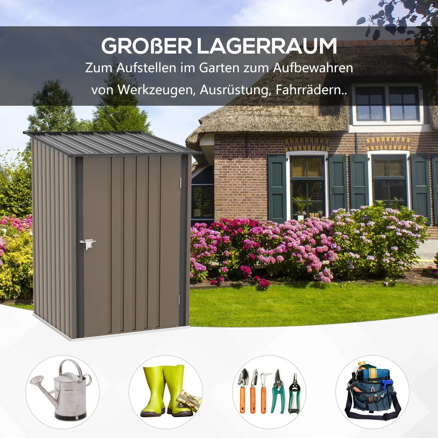 Outsunny Gerätehaus aus Stahl, 0,92 m², Pultdach, braun, im Garten. Ideal zur Aufbewahrung von Gartengeräten.