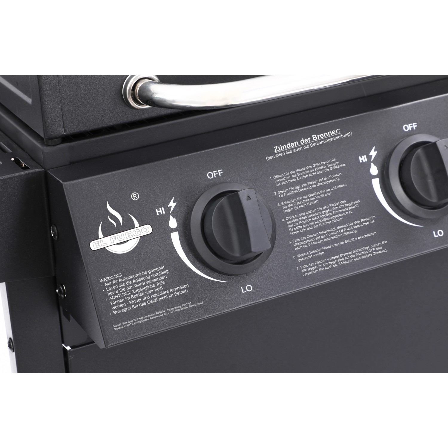 Detailaufnahme: El Fuego Gasgrill San Jose, Bedienelemente mit Drehknöpfen für die Brennersteuerung.