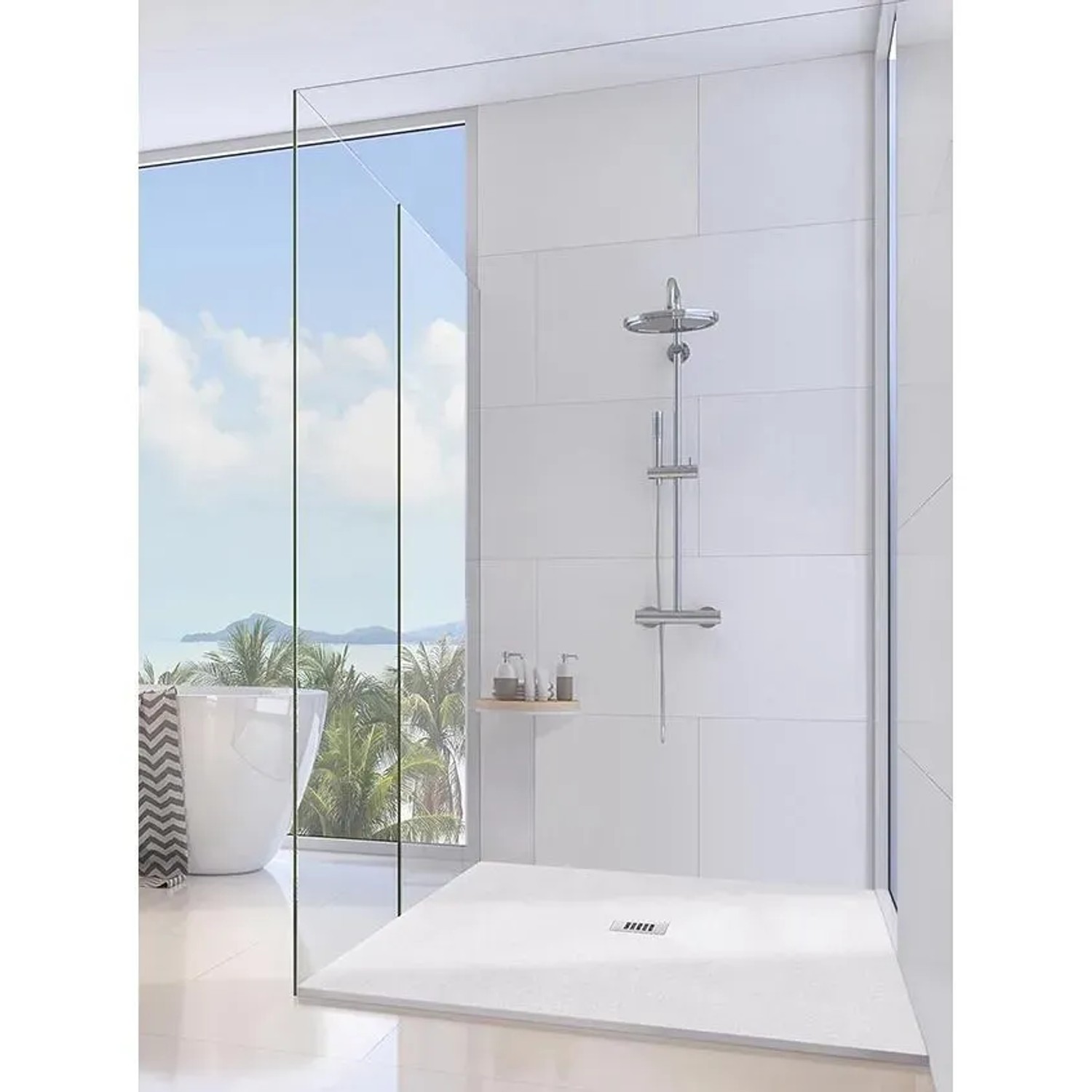 Beige Frascio Duschwanne 90x120 cm Vulcano Line in moderner Badumgebung.