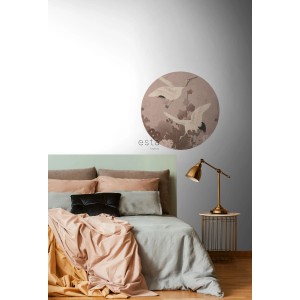 ESTAhome runde Tapete Kraniche graurosa (Ø 70cm) als Wandtattoo im Schlafzimmer.