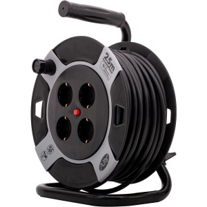 REV Ritter Kabeltrommel, 25m, schwarz-grau, mit 4 Schutzkontaktsteckdosen für Innenbereich.