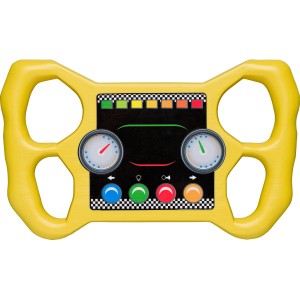 Gelbes SwingKing Rennlenkrad aus Kunststoff für Gartenspielgeräte.