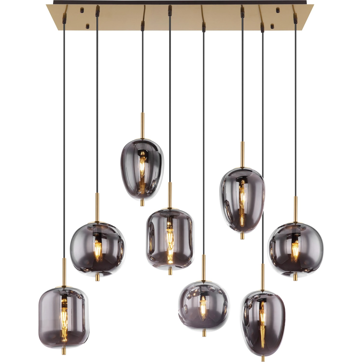 Globo Pendelleuchte Blacky I, 8-flammig, messingfarben mit rauchfarbenen Glasschirmen.