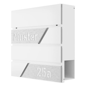 Weißer Heidemann Briefkasten DESIGNline BK1 mit personalisierbarer Edelstahlleiste.