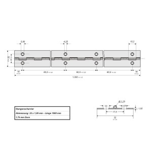 SOTECH Stangenscharnier 1000x32x1mm Edelstahloptik. Technische Zeichnung mit Maßen für Möbelbau.