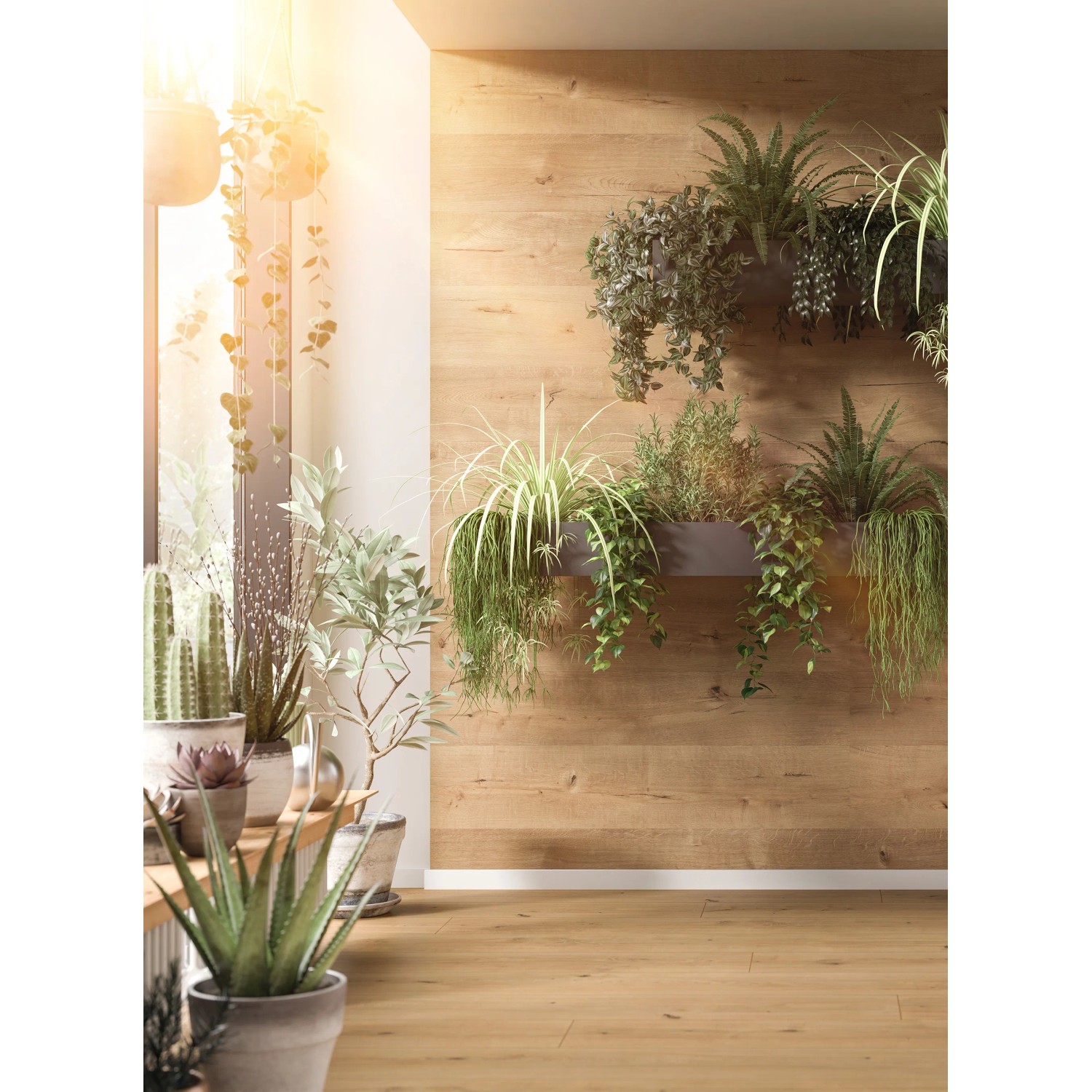 Egger Decowall DO008 Loveland Eiche Wandverkleidung mit Pflanzen an der Wand und auf dem Boden.