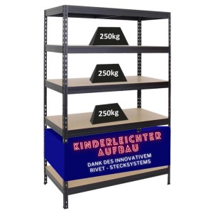 Schwarzes PROREGAL Schwerlastregal Rivet mit 5 Böden, Fachlast 250 kg, Stecksystem.