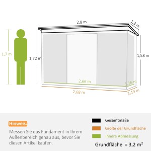 Skizze: Outsunny Gerätehaus mit Schiebetür, Maße 280x130x172cm. Gartenhaus mit Maßangaben.
