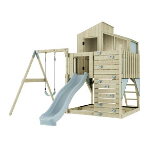 PolarPlay Kinderschaukel Lotta Eisblau mit Rutsche und Kletterwand aus Holz.