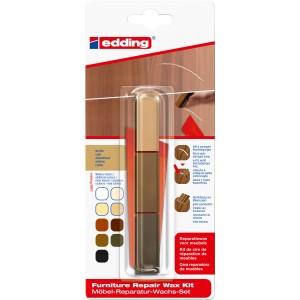 edding Möbel Reparaturwachs 8901 Eiche Set zum Ausbessern von Holzmöbeln in verschiedenen Brauntönen.