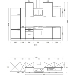 Skizze der Flex-Well Exclusiv Küchenzeile Eico, 310 cm, Magnolienweiß und Tennessee Eiche Dekor.