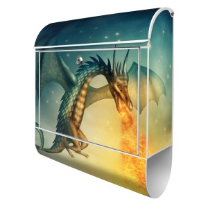 Banjado Design Briefkasten Weiß Pulverbeschichtet 39x47x14cm 2 Schlüssel Mit Zeitungsfach Motiv Drachen